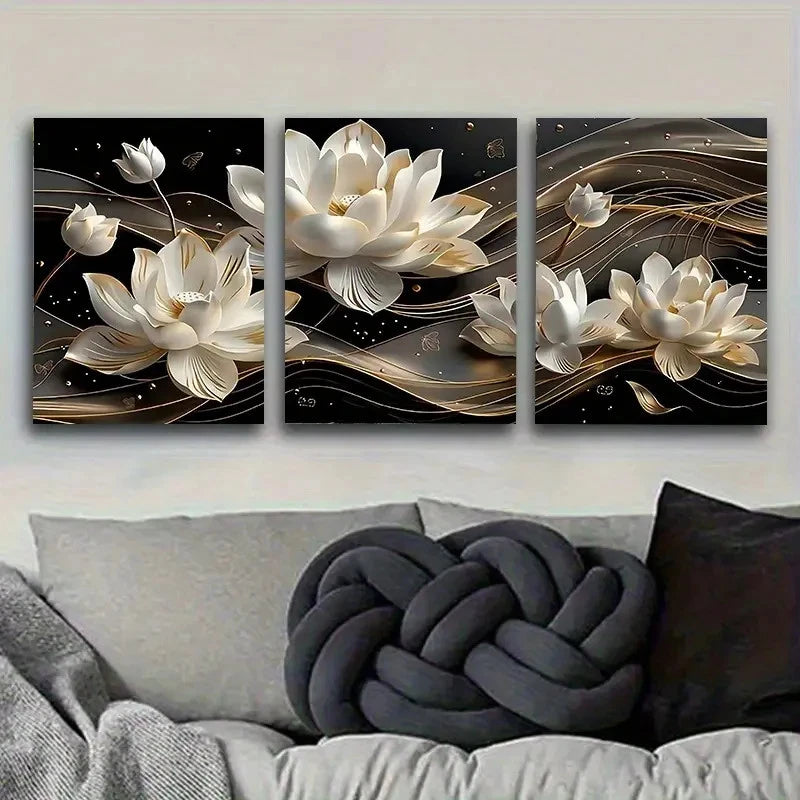 3pcs Elegant White for Lotus Flowers Wall Art Set Canvas Framed 60x90cm - High Quality Print 100% Australian Made Wall Canvas Ready to Hang - Bella Home Decor