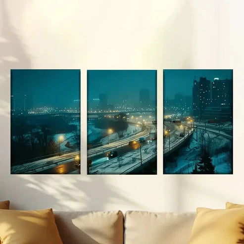 3pcs Cityscape in Foggy Night Wall Art Set Canvas Unframed – High Quality Print 100% Australian Made Wall Canvas - Bella Home Decor