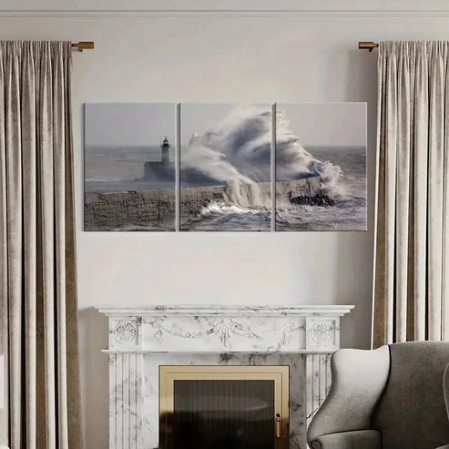 3pcs Pier Huge Waves Lighthouse Sea Wall Art Canvas Unframed - High Quality Print 100% Australian Made Wall Canvas