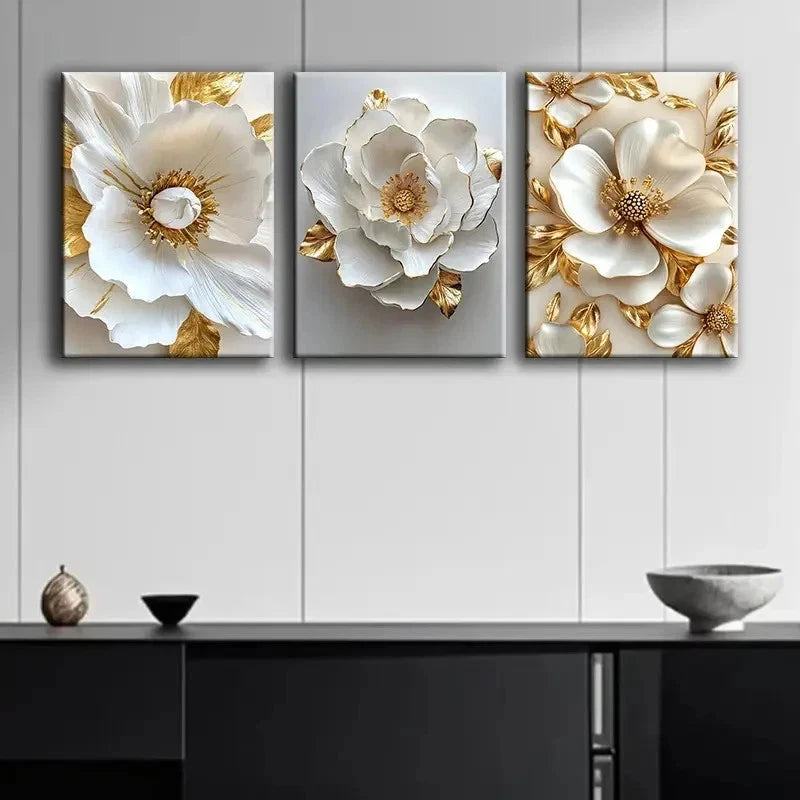 3pcs Golden And White Flower Design Wall Art Set Canvas Framed 40x60cm - High Quality Print 100% Australian Made Wall Canvas Ready to Hang - Bella Home Decor