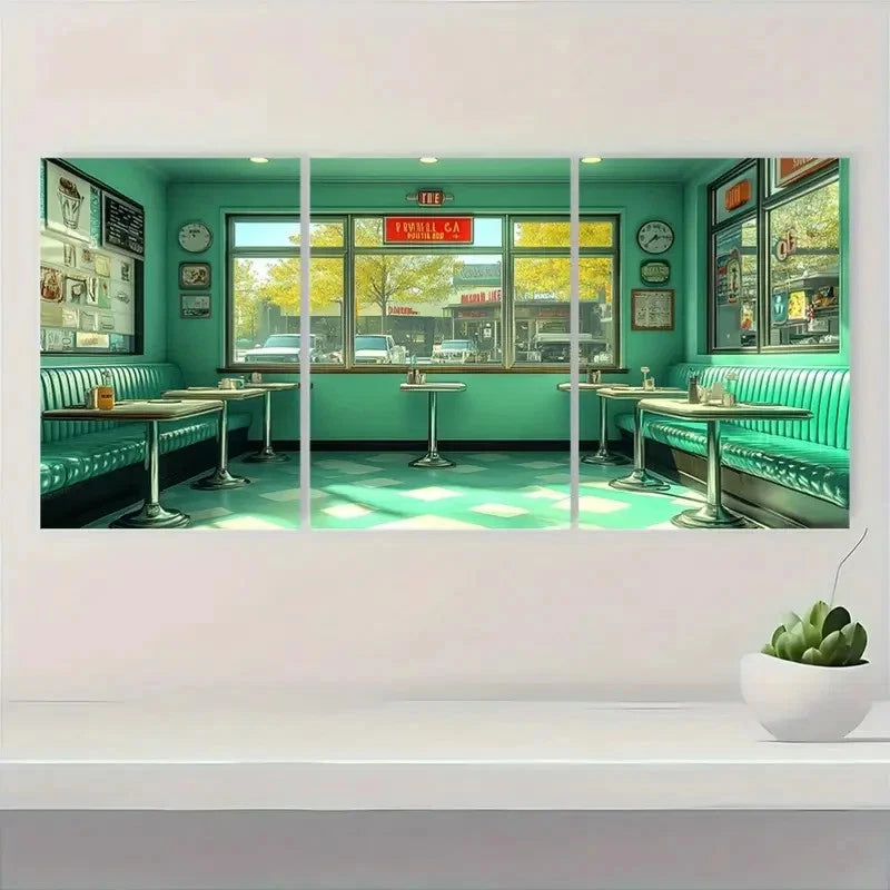 3pcs Retro Diner Lime Green Style E Wall Art Set Canvas Framed 40x60cm - High Quality Print 100% Australian Made Wall Canvas Ready to Hang