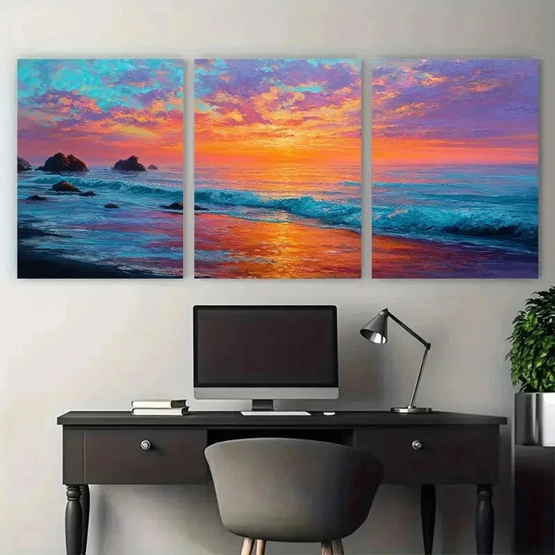3pcs Ocean Sunset Vibrant Coastal Perfect Wall Art Set Canvas Framed 50x70cm - High Quality Print 100% Australian Made Wall Canvas Ready to Hang