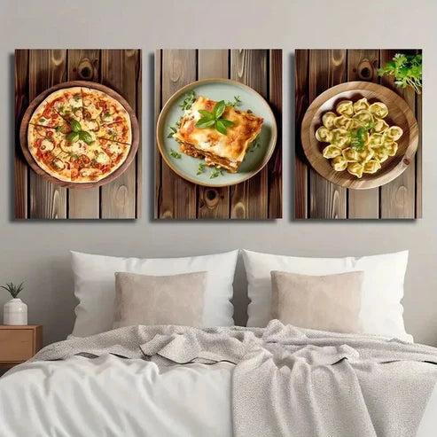 3pcs Vibrant Pizza Lasagna & Dumplings Wall Art Set Canvas Unframed - High Quality Print 100% Australian Made Wall Canvas