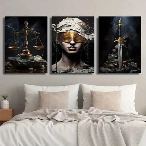3pcs Scales of Justice & Golden Sword Wall Art Set Canvas Unframed - High Quality Print 100% Australian Made Wall Canvas
