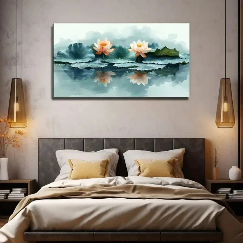 Serene Blue & Orange For Lotus Wall Art Canvas Office Home Room Framed 120x60cm
