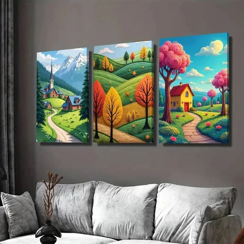 3pcs Village & Mountain Landscape Vibrant Autumn Wall Art Set Canvas Unframed - High Quality Print 100% Australian Made Wall Canvas