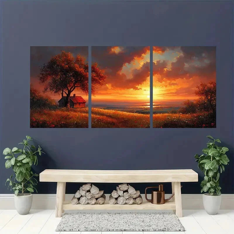 3pcs Rustic Sunset Featuring Cabin & Hilltops Wall Art Set Canvas Framed 40x60cm - High Quality Print 100% Australian Made Wall Canvas Ready to Hang