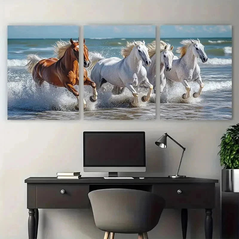 3pcs Horses Galloping Through Ocean Perfect Wall Art Set Canvas Framed 50x70cm - High Quality Print 100% Australian Made Wall Canvas Ready to Hang