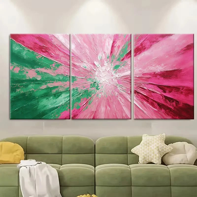 3pcs Pink Green Textured Abstract Burst Metal Print Ready to Hang Art