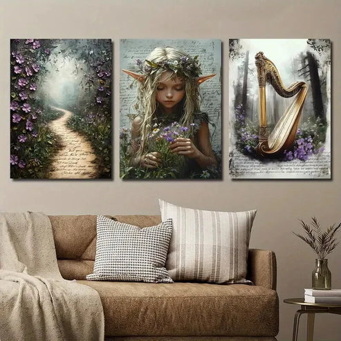 3pcs Vintage Botanical Flower and Floral Girl Wall Art Set Canvas Unframed - High Quality Print 100% Australian Made Wall Canvas