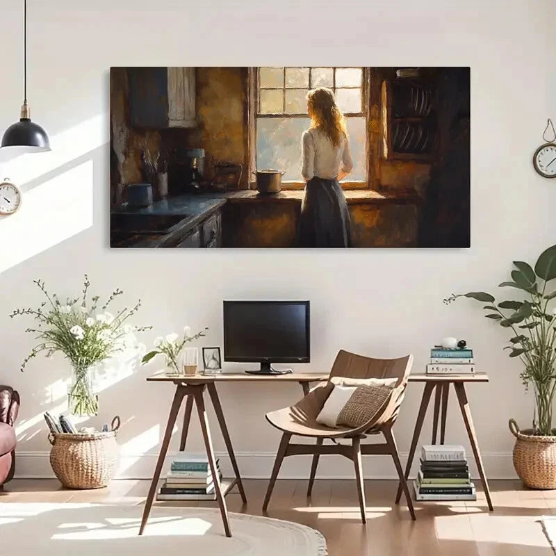 Serene Kitchen Scene Woman Wall Art Canvas Office Home Room Framed 120x60cm - Bella Home Decor