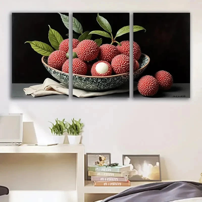 3pcs Lychee Fruit Bowl with Leaves Art Wall Art Set Canvas Framed 40x60cm - High Quality Print 100% Australian Made Wall Canvas Ready to Hang