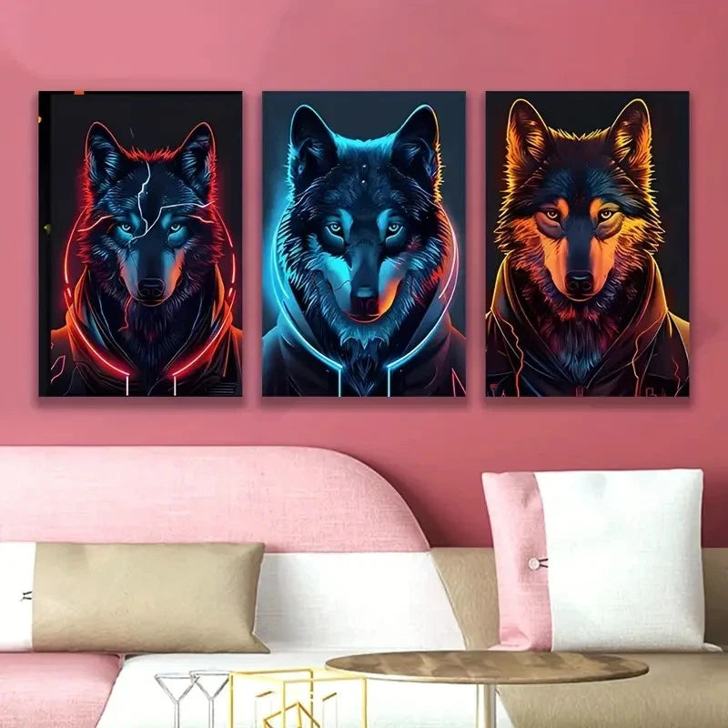 3pcs Neon Wolf Portrait Wall Art Set Canvas Framed 40x60cm - High Quality Print 100% Australian Made Wall Canvas Ready to Hang