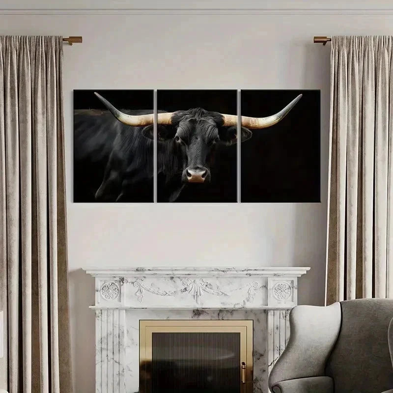 3pcs Black Bull with Long Horns Design Wall Art Set Canvas Framed 50x70cm - High Quality Print 100% Australian Made Wall Canvas Ready to Hang - Bella Home Decor