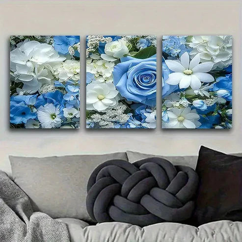 3pcs Blue and White Floral ArranSynthetic Wall Art Canvas Unframed - High Quality Print 100% Australian Made Wall Canvas - Bella Home Decor
