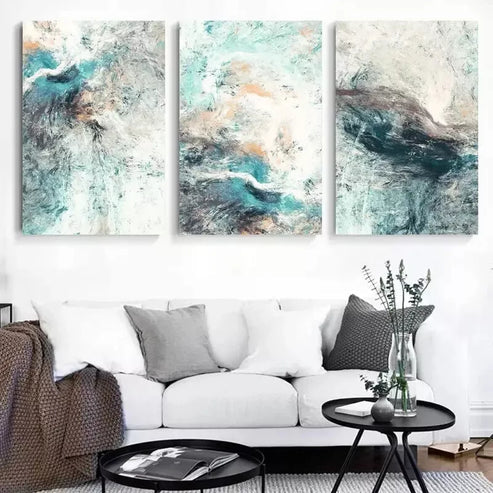 3pcs Abstract Painting Of Vibrant Cyan Colors Wall Art Set Canvas Unframed - High Quality Print 100% Australian Made Wall Canvas