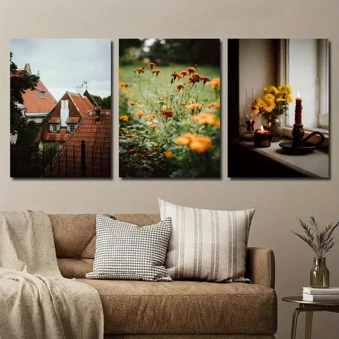 3pcs Autumn Rooftop Cottage Plant And Flower Wall Art Set Canvas Unframed - High Quality Print 100% Australian Made Wall Canvas - Bella Home Decor