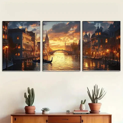 3pcs Venice Canals at Sunset Triptych Wall Art Set Wall Art Canvas Unframed - High Quality Print 100% Australian Made Wall Canvas