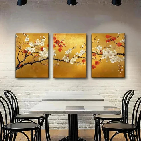 3pcs Golden Plum Blossom Branches Floral Perfect Wall Art Canvas Unframed - High Quality Print 100% Australian Made Wall Canvas - Bella Home Decor