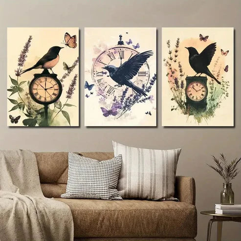 3pcs Vintage Bird & Botanical Clock Wall Art Set Canvas Unframed - High Quality Print 100% Australian Made Wall Canvas
