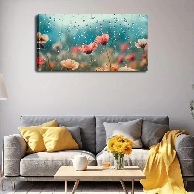 Vibrant Poppy Field Raindrops Wall Art Canvas Office Home Room Framed 120x60cm - Bella Home Decor