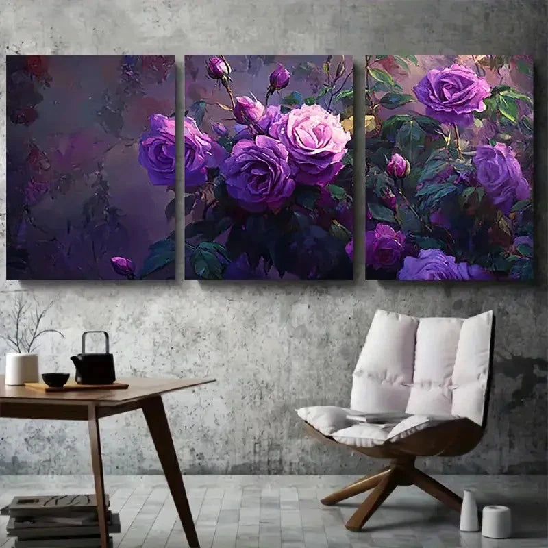 3pcs Purple Vibrant Botanical Floral Painting Wall Art Set Canvas Framed 40x60cm - High Quality Print 100% Australian Made Wall Canvas Ready to Hang