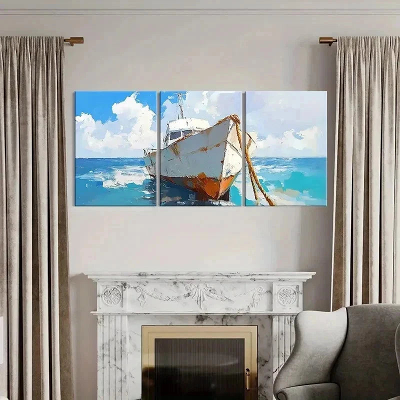 3pcs Nautical Ship Sailing in Sea Retro Wall Art Set Canvas Framed 60x90cm - High Quality Print 100% Australian Made Wall Canvas Ready to Hang