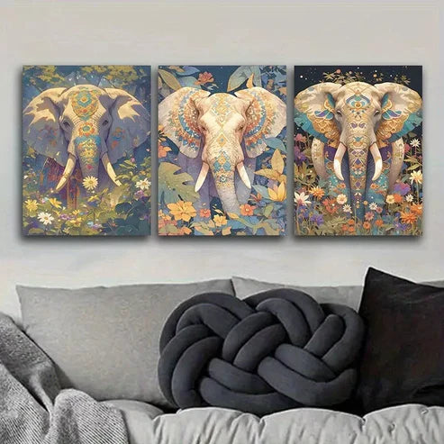 3pcs Featuring An Elephant With Floral Designs Wall Art Canvas Unframed - High Quality Print 100% Australian Made Wall Canvas