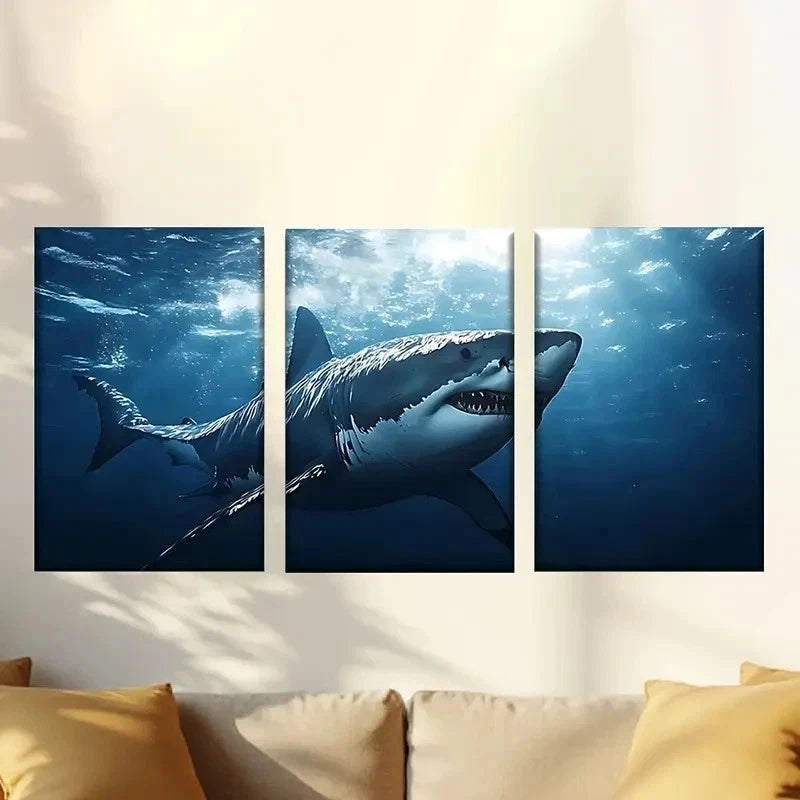 3pcs a shark swimming in the ocean Wall Art Set Canvas Framed 60x90cm - High Quality Print 100% Australian Made Wall Canvas Ready to Hang - Bella Home Decor