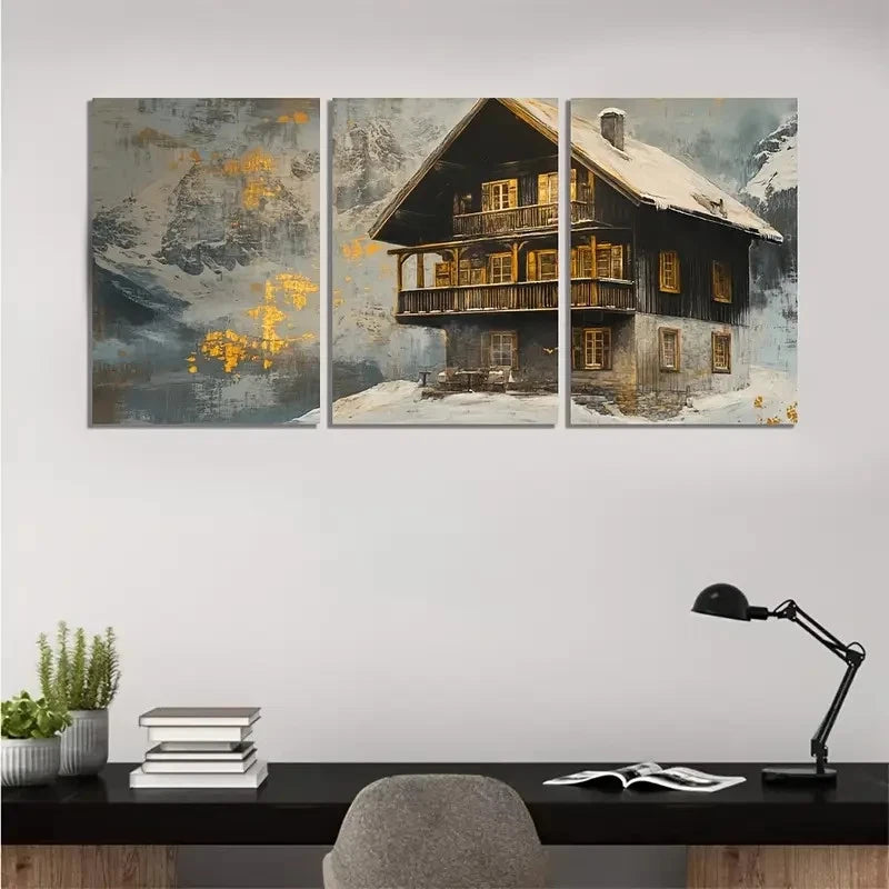 3pcs Alpine Chalet at Twilight AC Wall Art Set Canvas Framed 50x70cm - High Quality Print 100% Australian Made Wall Canvas Ready to Hang - Bella Home Decor