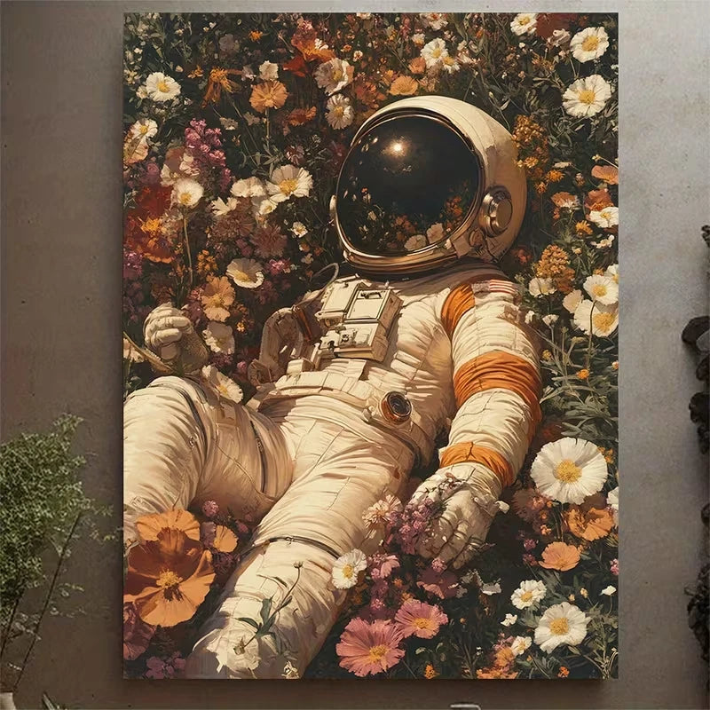 Astronaut in Flower Bed 60x90cm Metal Print Ready to Hang