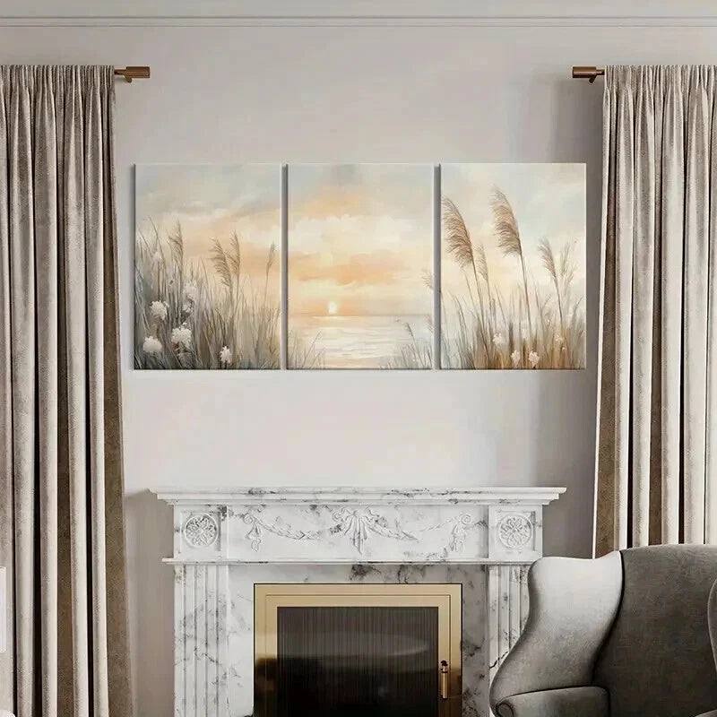 3pcs Sunset & Reeds Modern Landscape Wall Art Set Canvas Framed 50x70cm - High Quality Print 100% Australian Made Wall Canvas Ready to Hang - Bella Home Decor