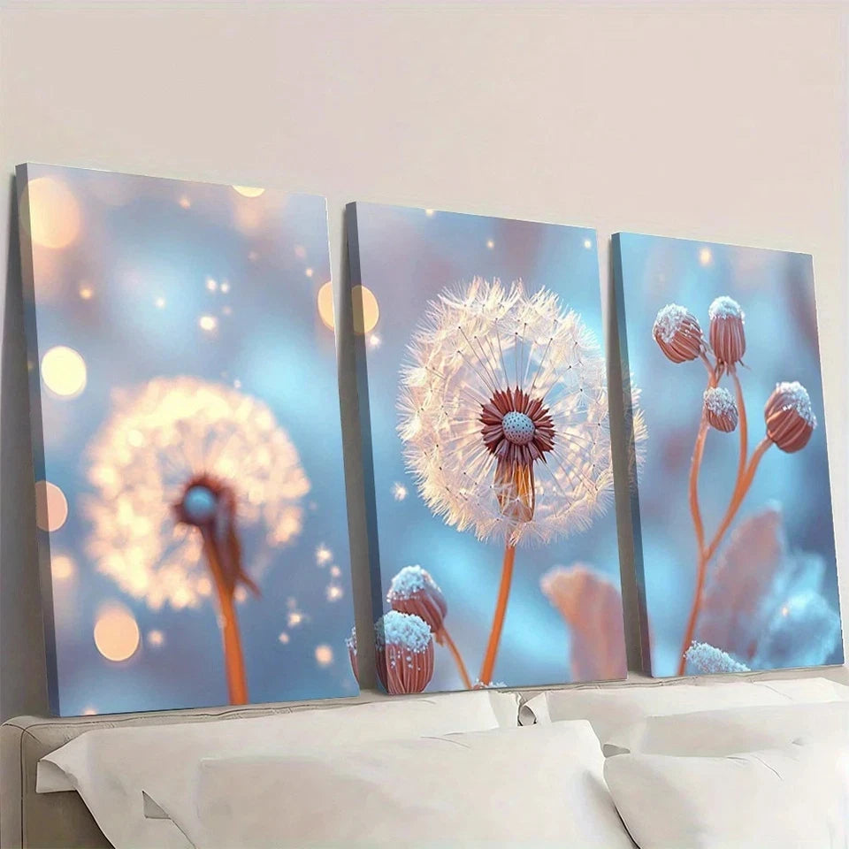 3pcs Vibrant Blue & Golden Dandelion Wall Art Set Canvas Framed 50x70cm - High Quality Print 100% Australian Made Wall Canvas Ready to Hang