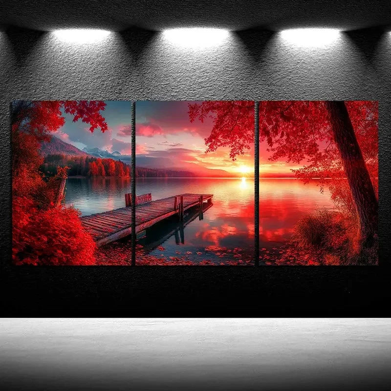 3pcs Pieces Red Leaves Scattered on The Dock Wall Art Set Canvas Framed 60x90cm - High Quality Print 100% Australian Made Wall Canvas Ready to Hang