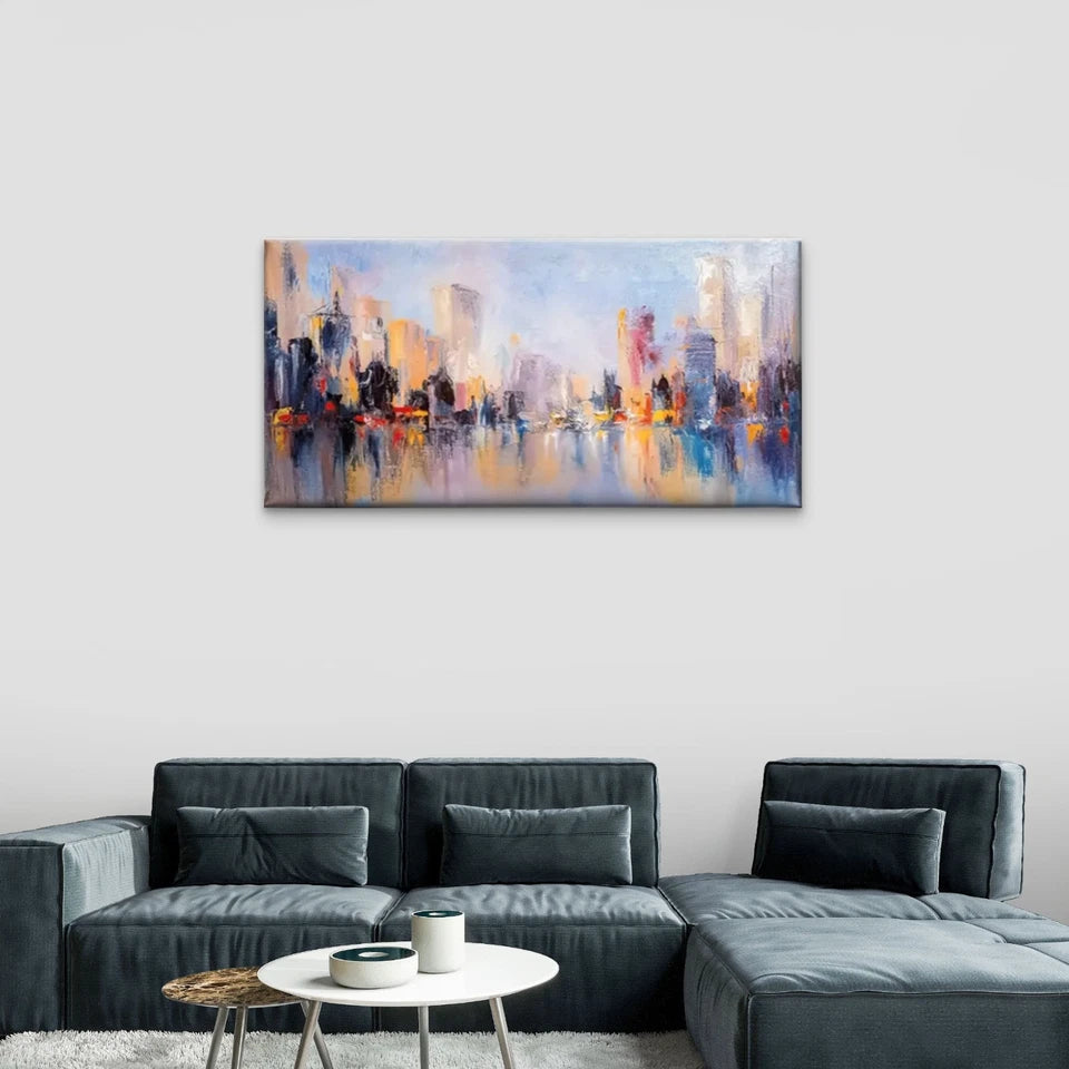 Vibrant Urban SkylineReflective Wall Art Canvas Office Home Room Framed 120x60cm