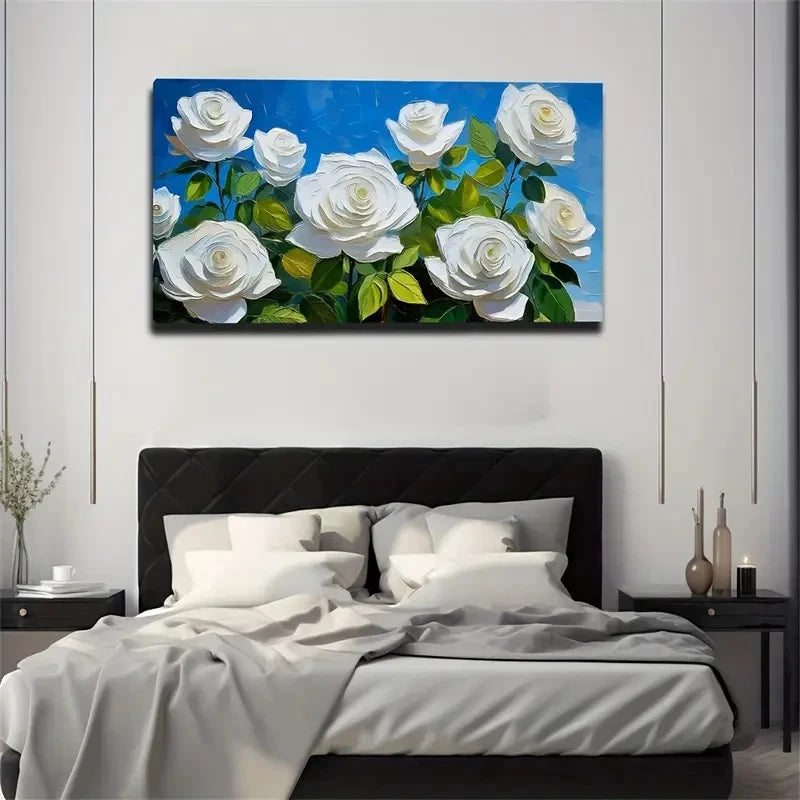 White Rose Oil Painting Wall Art Canvas Office Home Room Framed 120x60cm