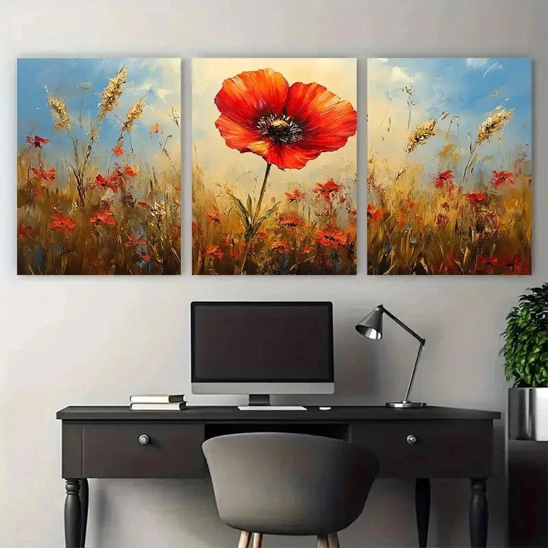 3pcs Wild Meadow Red Flower Perfect Wall Art Set Canvas Framed 50x70cm - High Quality Print 100% Australian Made Wall Canvas Ready to Hang