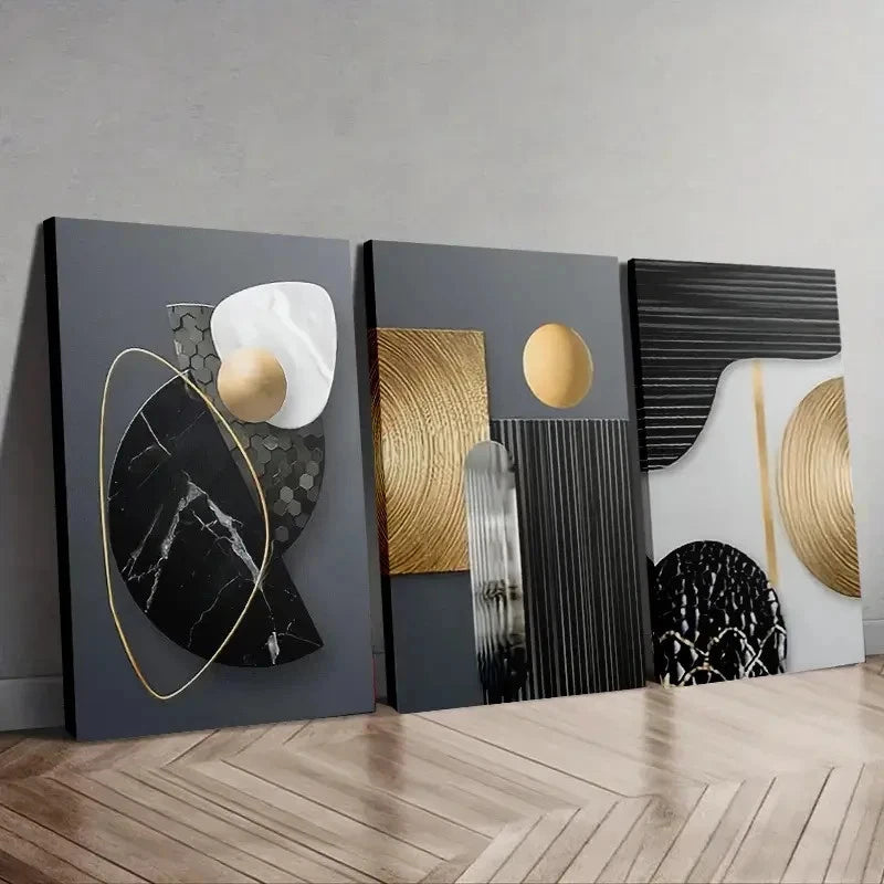 3pcs Modern Abstract Geometric Black & Golden Wall Art Set Canvas Framed 50x70cm - High Quality Print 100% Australian Made Wall Canvas Ready to Hang