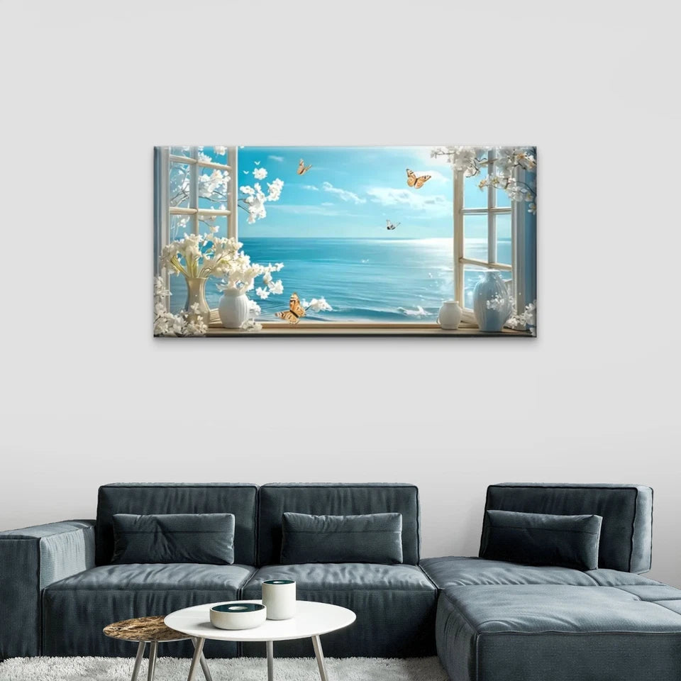 Ocean Butterflies Blue Sky Wall Art Canvas Office Home Room Framed 120x60cm