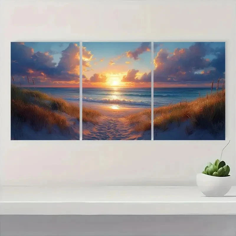 3pcs Lateral Beach Sunset Modern Landscape D Wall Art Set Canvas Framed 50x70cm - High Quality Print 100% Australian Made Wall Canvas Ready to Hang