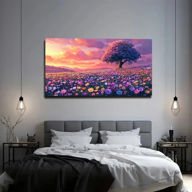 Vibrant Floral Beach Scene Wall Art Canvas Office Home Room Framed 120x60cm