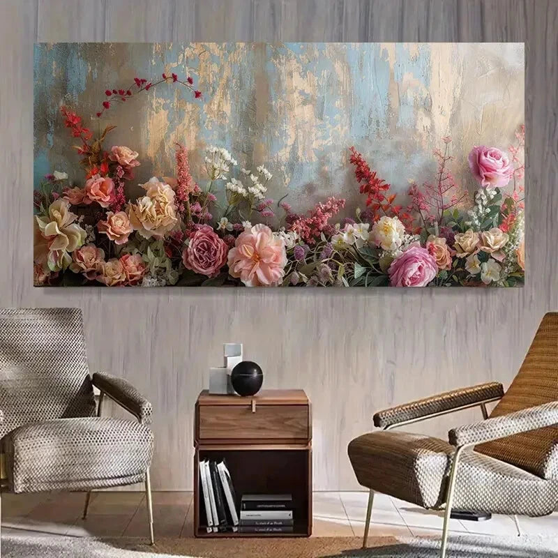 Floral Arrangement Golden Wind Wall Art Canvas Office Home Room Framed 120x60cm