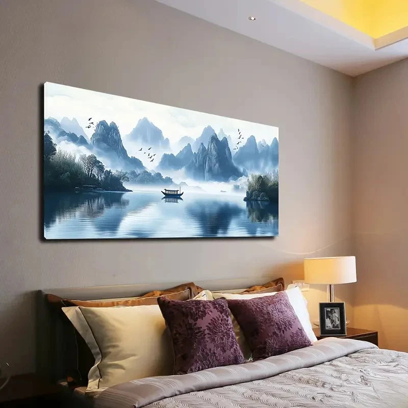 Serene Mountain Lake Scene Wall Art canvas office home room framed 120x60cm