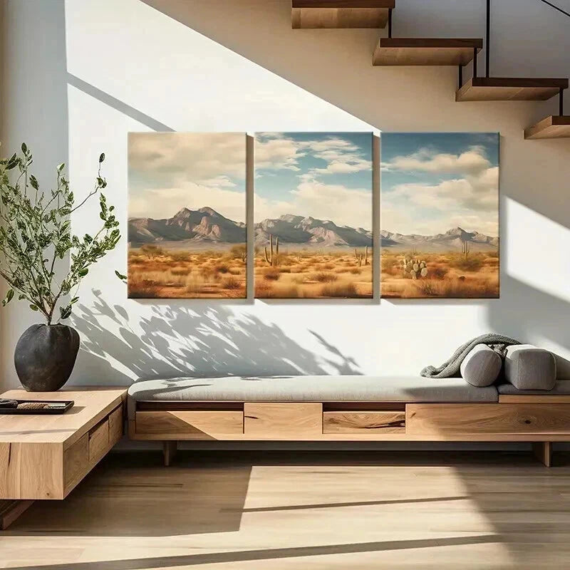 3pcs Vibrant Mountain Range & Cactus Scene Wall Art Set Canvas Framed 60x90cm - High Quality Print 100% Australian Made Wall Canvas Ready to Hang