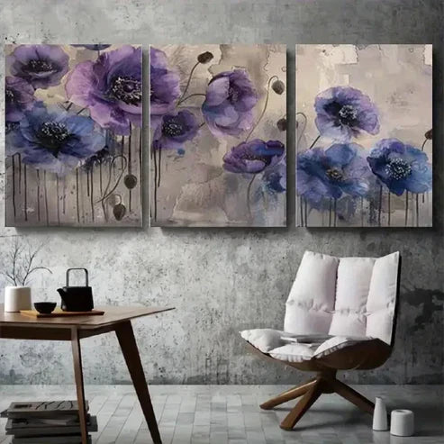 3pcs Modern Abstract Purple Poppy Floral Wall Art Set Canvas Unframed - High Quality Print 100% Australian Made Wall Canvas
