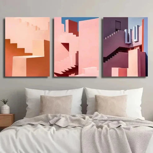 3pcs Pink Stairs Pink Road Art Illustration Wall Art Canvas Unframed - High Quality Print 100% Australian Made Wall Canvas