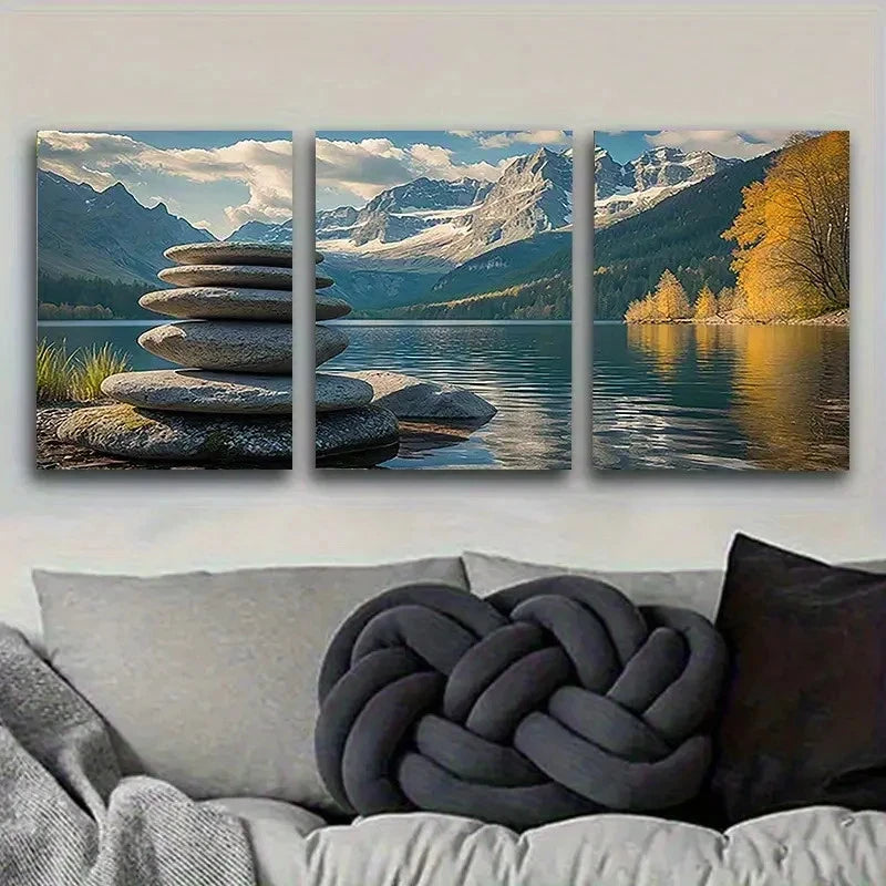 3pcs Mountain Lake Serenity Poster Wall Art Set Canvas Framed 60x90cm - High Quality Print 100% Australian Made Wall Canvas Ready to Hang