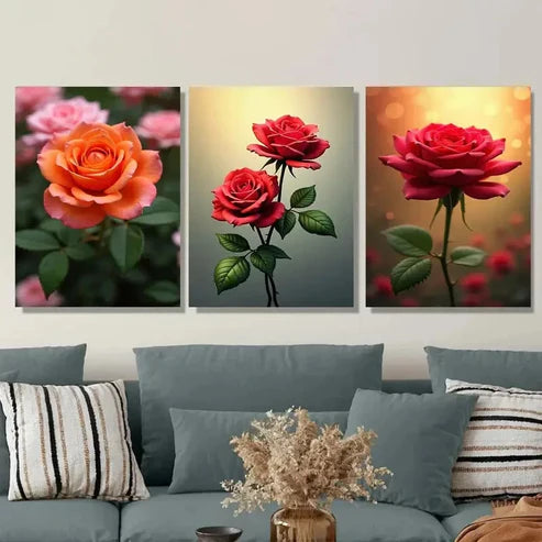 3pcs Vibrant Pink, Orange & Red Roses Green Wall Art Set Canvas Unframed - High Quality Print 100% Australian Made Wall Canvas