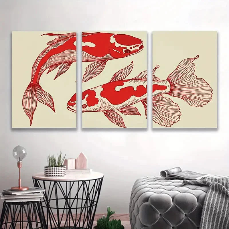 3pcs Red & White Koi Fish Spray Paint Artwork Wall Art Set Canvas Framed 50x70cm - High Quality Print 100% Australian Made Wall Canvas Ready to Hang
