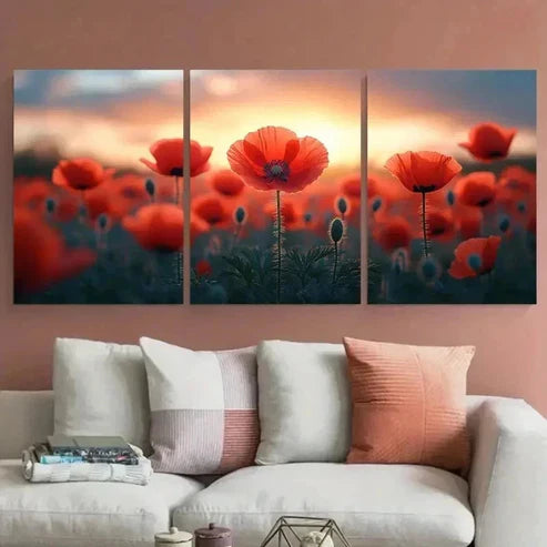3pcs Vibrant Red Poppies In Sunset Scene Perfect Wall Art Set Canvas Unframed - High Quality Print 100% Australian Made Wall Canvas